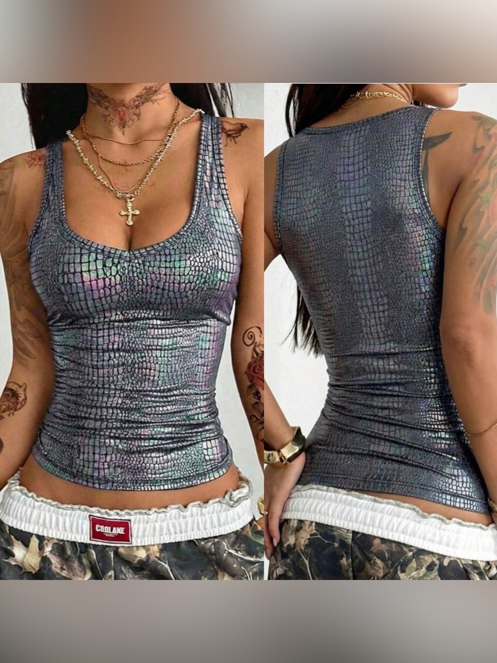 SHEIN Iridescent Croc-Texture Scoop Neck Tank — Gray with Purple & Green Sheen